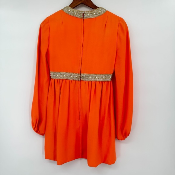 Vintage 60s Coral Highlighter Neon Babydoll‎ Mini Dress Gold White Woven Trim - Picture 6 of 15